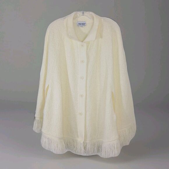 Anthony Richards Ivory Knit Cape Cardigan Sweater with Fringe, Size X Feminine - Picture 1 of 11
